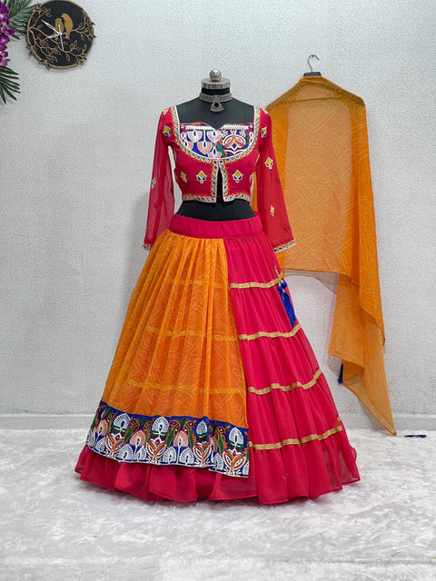 Orange Navratri Special Chine Stitch And Real Mirror Work Lehengas Choli With Dupatta