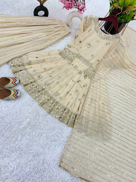 Off White Party Wear Look Full Heavy Embroidery Sequence Work Gown With Fully Stiched Bottom and Dupatta For Women