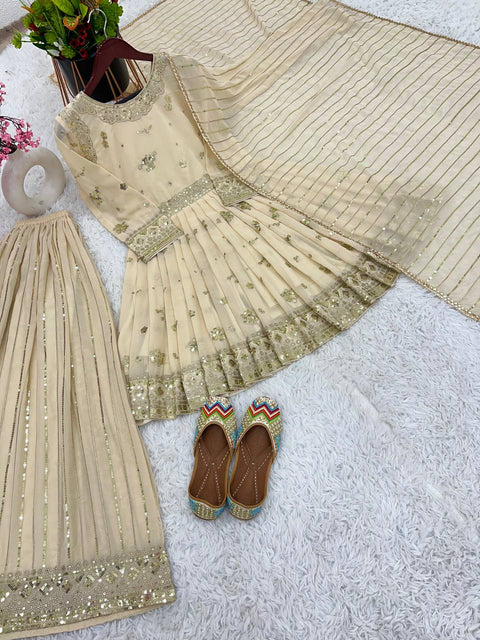 Off White Party Wear Look Full Heavy Embroidery Sequence Work Gown With Fully Stiched Bottom and Dupatta For Women