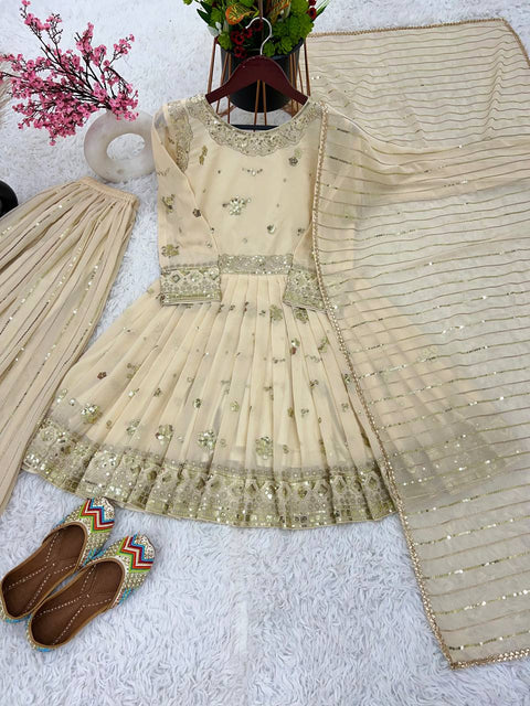 Off White Party Wear Look Full Heavy Embroidery Sequence Work Gown With Fully Stiched Bottom and Dupatta For Women