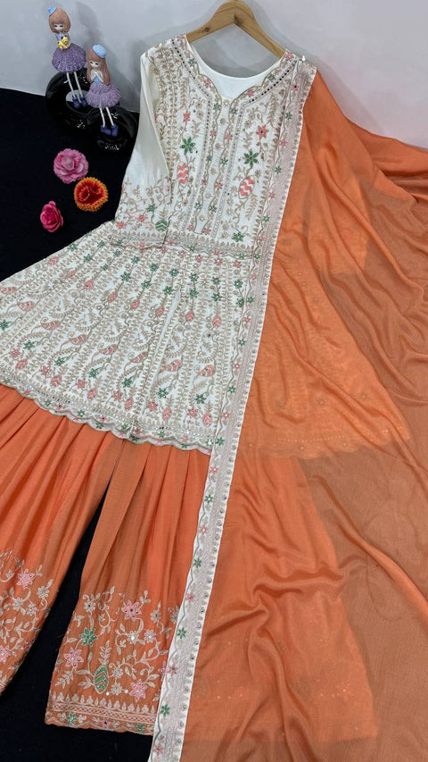 White And Orange Designer Heavy Pakishtani Sharara Suit Set For Women For Wedding Wear