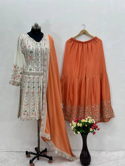 White And Orange Designer Heavy Pakishtani Sharara Suit Set For Women For Wedding Wear