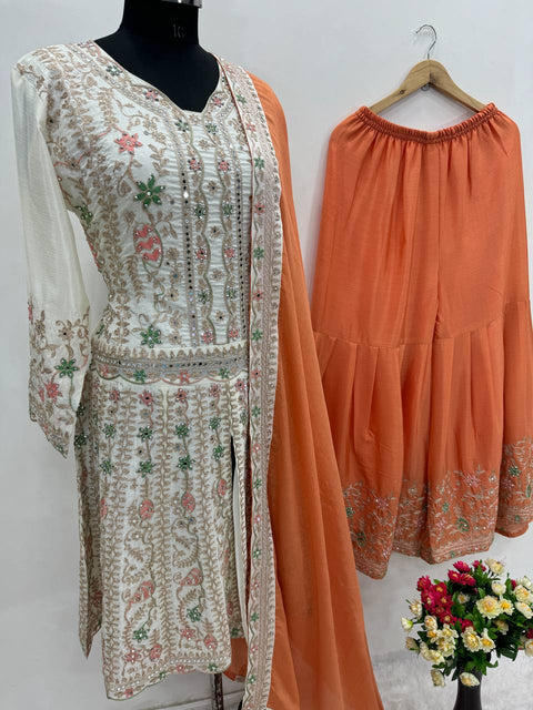 White And Orange Designer Heavy Pakishtani Sharara Suit Set For Women For Wedding Wear