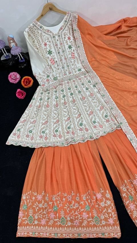 White And Orange Designer Heavy Pakishtani Sharara Suit Set For Women For Wedding Wear