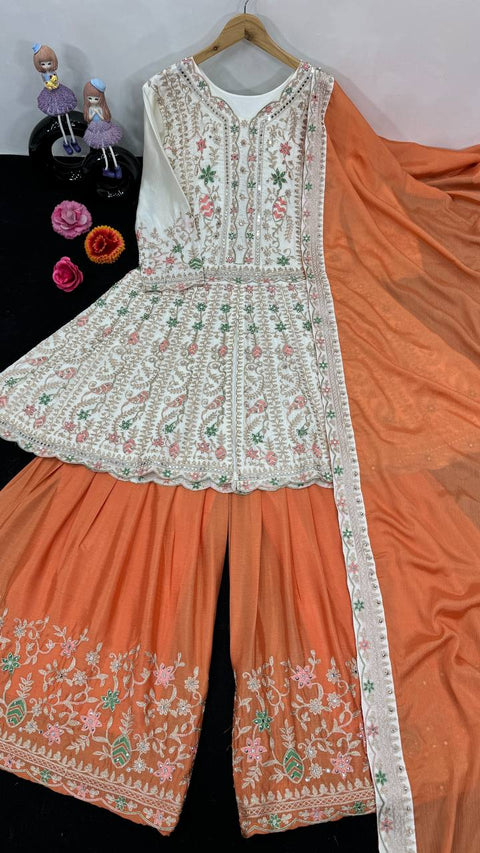 White And Orange Designer Heavy Pakishtani Sharara Suit Set For Women For Wedding Wear