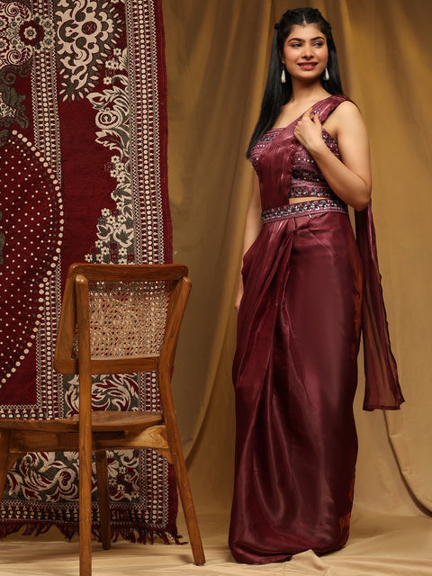 Maroon Organza Indian saree with blouse in USA, Perfect for Indian wedding partywear