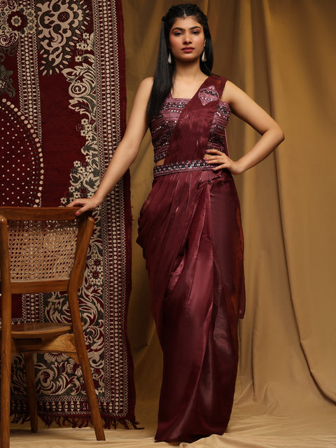 Maroon Organza Indian saree with blouse in USA, Perfect for Indian wedding partywear