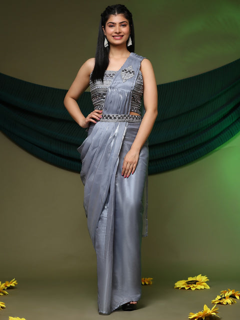 Grey Organza Indian saree with blouse in USA, Perfect for Indian wedding partywear