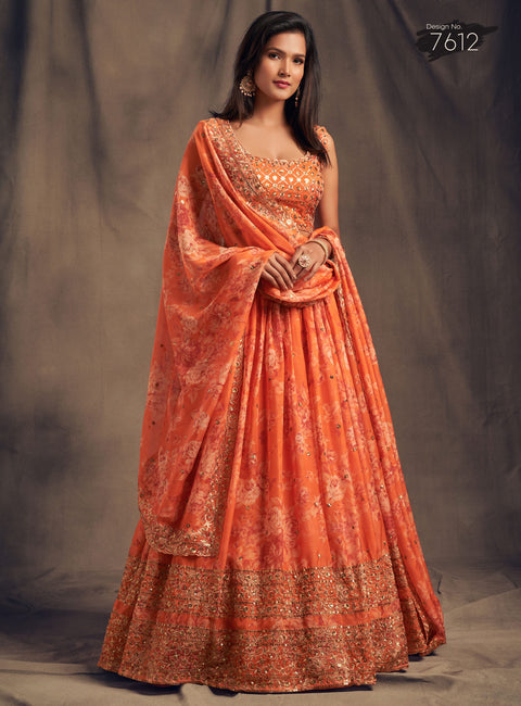 Trendy Orange Organza Bollywood lehenga choli for women with Dupatta Indian Designer Ready to wear partywear Lehenga Choli Trendy Lehenga - ReadyToWearshop