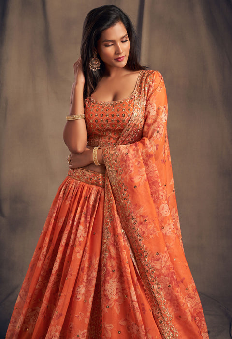 Trendy Orange Organza Bollywood lehenga choli for women with Dupatta Indian Designer Ready to wear partywear Lehenga Choli Trendy Lehenga - ReadyToWearshop