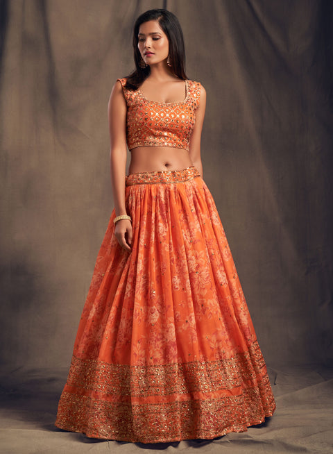 Trendy Orange Organza Bollywood lehenga choli for women with Dupatta Indian Designer Ready to wear partywear Lehenga Choli Trendy Lehenga - ReadyToWearshop