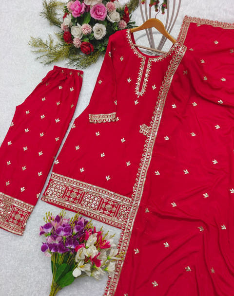 Red Heavy Chinon Silk Top-Palazzo And Dupatta Set Salwar Kameez Set For Women