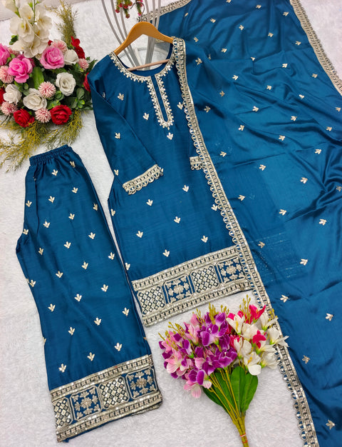 Sky Blue Heavy Chinon Silk Top-Palazzo And Dupatta Set Salwar Kameez Set For Women