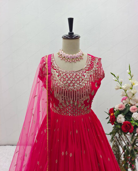 Rani Pink Fox Georgette Anarkali Gown -Pent  Dupatta Set Fully Stitched  For Women