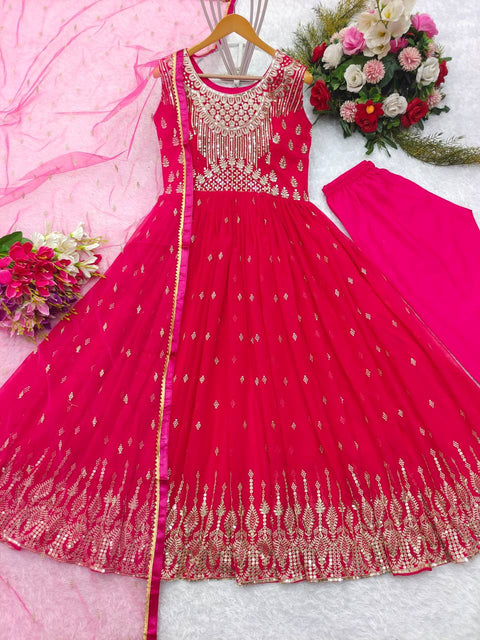 Rani Pink Fox Georgette Anarkali Gown -Pent  Dupatta Set Fully Stitched  For Women