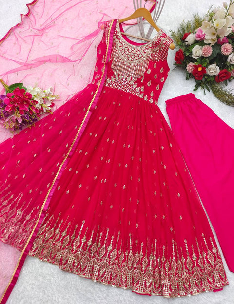 Rani Pink Fox Georgette Anarkali Gown -Pent  Dupatta Set Fully Stitched  For Women