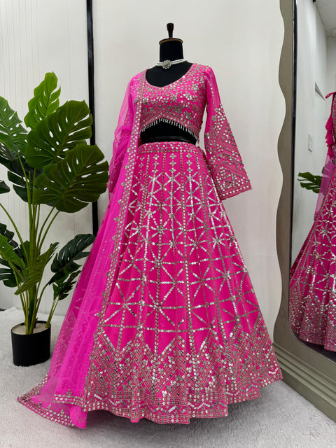 Graceful Pink Wedding Wear Heavy Lehenga Choli for Women with Dupatta Sequence Lehenga Choli In USA