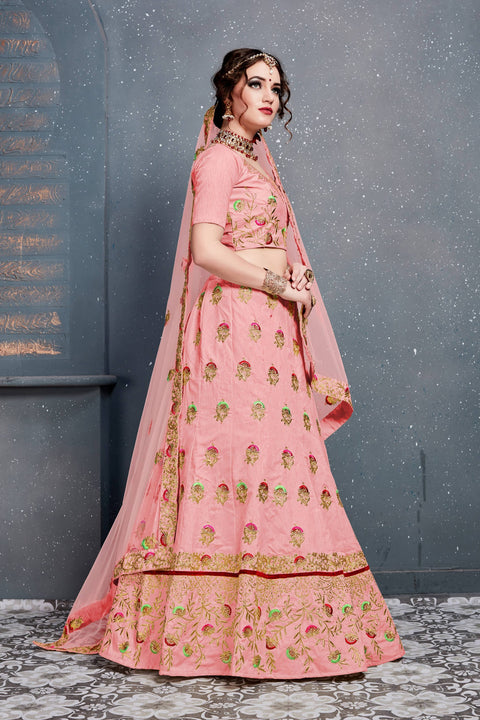 Lovely Pink Slub Silk lehenga choli dupatta For Women And Girls in USA