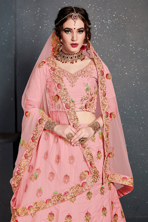 Lovely Pink Slub Silk lehenga choli dupatta For Women And Girls in USA