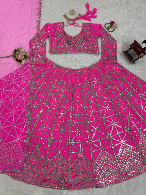 Graceful Pink Wedding Wear Heavy Lehenga Choli for Women with Dupatta Sequence Lehenga Choli In USA