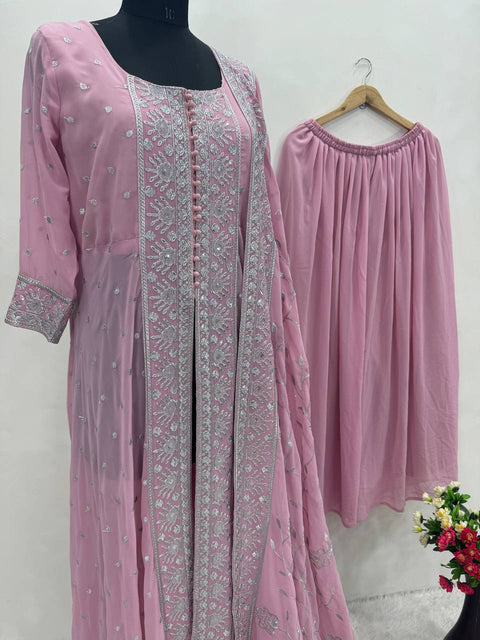 Pink Georgeet Designer Heavy Embroidered Sequins Work 3 Pis Suit Set