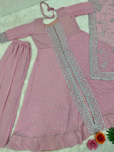 Pink Georgeet Designer Heavy Embroidered Sequins Work 3 Pis Suit Set