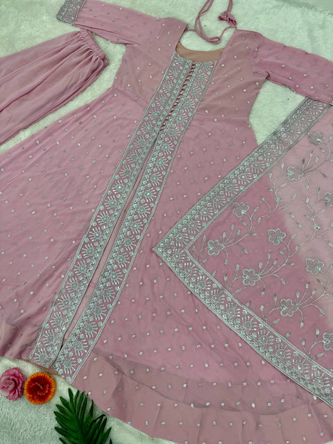 Pink Georgeet Designer Heavy Embroidered Sequins Work 3 Pis Suit Set