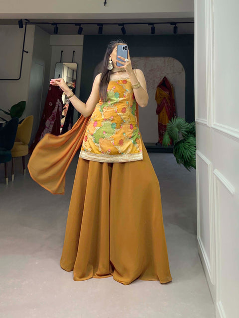 Georgette Yellow Step Into the spotlight of fashion with a printed kurta plazo set For Women In USA