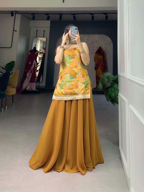 Georgette Yellow Step Into the spotlight of fashion with a printed kurta plazo set For Women In USA