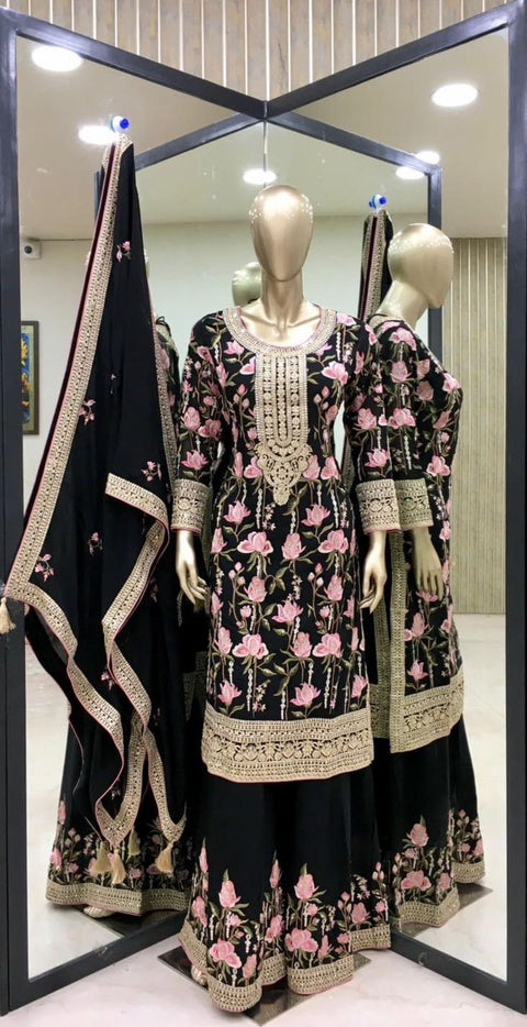 Black Heavy Embroidery Coding Dori-Sequence Work Top-Bottom And Dupatta Set For Women