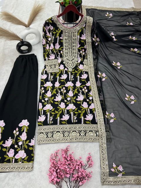 Black Heavy Embroidery Coding Dori-Sequence Work Top-Bottom And Dupatta Set For Women