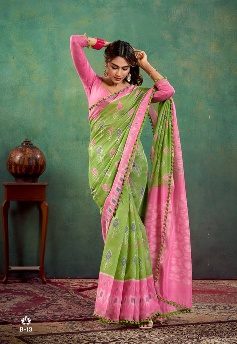 Green And Pink Cotton Indian Wedding Wear saree with blouse in USA, Perfect for Indian Daily Wear sequins saree