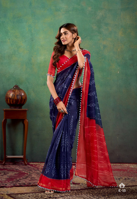 Blue And Red Cotton Indian Wedding Wear saree with blouse in USA, Perfect for Indian Daily Wear sequins saree