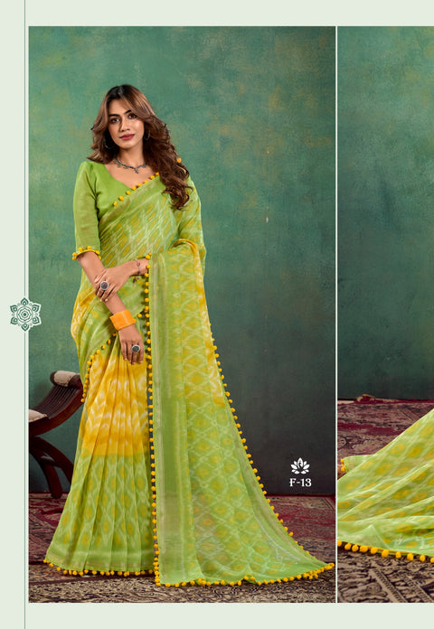 Green And Yellow Cotton Indian Wedding Wear saree with blouse in USA, Perfect for Indian Daily Wear sequins saree