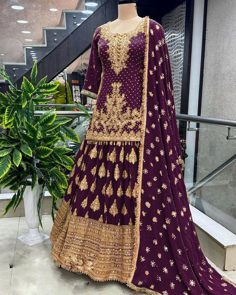 Dark Purple Chinnon Silk With Heavy Embroidery Sequence Work Top-Plazo And Dupatta Set With Fully Stitched Ready To Wear Collection For Women