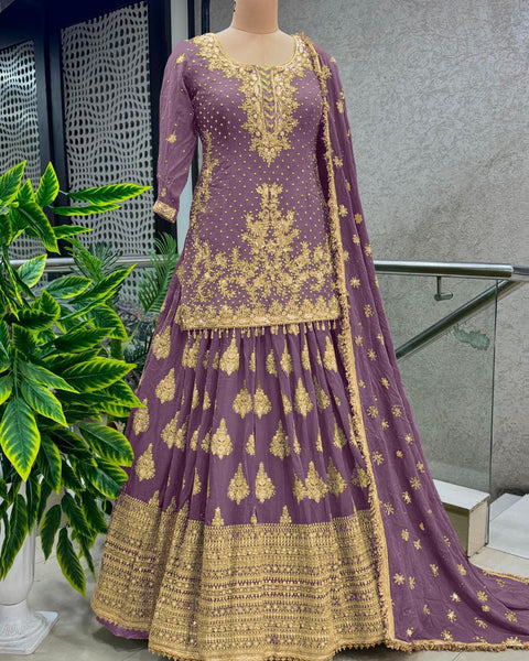 Purple Elegant Chinnon Silk With Heavy Embroidery Sequence Work Top-Plazo And Dupatta Set With Fully Stitched  For Women