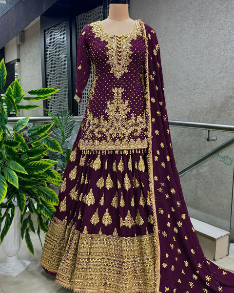 Dark Purple Chinnon Silk With Heavy Embroidery Sequence Work Top-Plazo And Dupatta Set With Fully Stitched Ready To Wear Collection For Women