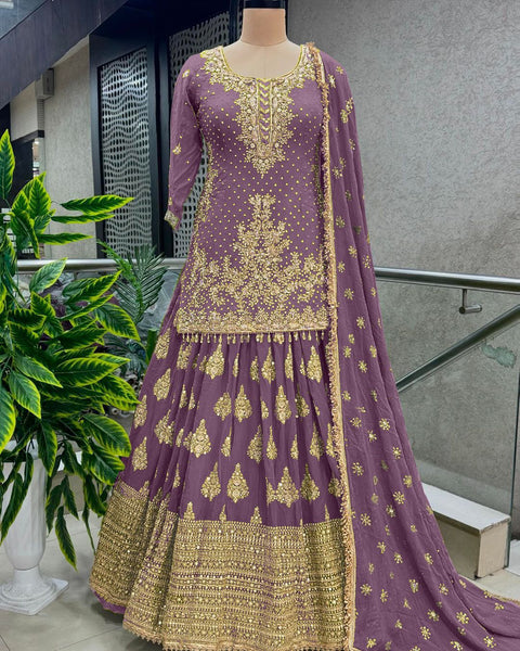 Purple Elegant Chinnon Silk With Heavy Embroidery Sequence Work Top-Plazo And Dupatta Set With Fully Stitched  For Women