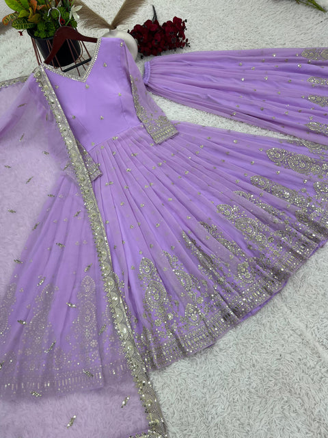 Purple Stunning Party Wear Look Full Heavy Embroidery Sequence Work Gown With Fully Stiched Bottom and Dupatta