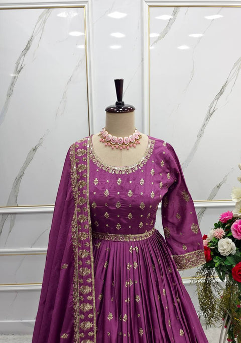 Purple Heavy Chinon Silk Anarkali Gown -Pent  Dupatta Set Fully Stitched For Women