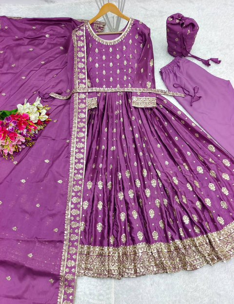 Purple Heavy Chinon Silk Anarkali Gown -Pent  Dupatta Set Fully Stitched For Women