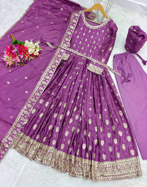 Purple Heavy Chinon Silk Anarkali Gown -Pent  Dupatta Set Fully Stitched For Women