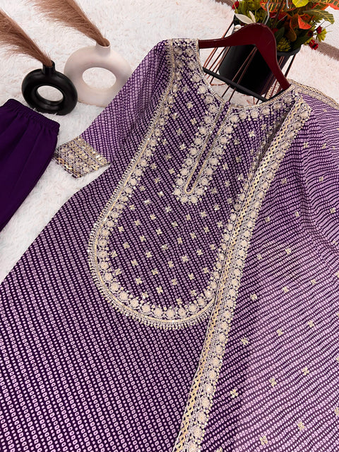 Radiant Purple Sharara  Collection Faux Georgette Top-Bottom And Dupatta Set Fully Stitched Ready To Wear