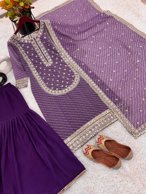 Radiant Purple Sharara  Collection Faux Georgette Top-Bottom And Dupatta Set Fully Stitched Ready To Wear