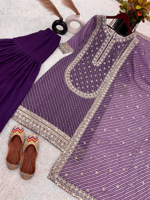 Radiant Purple Sharara  Collection Faux Georgette Top-Bottom And Dupatta Set Fully Stitched Ready To Wear