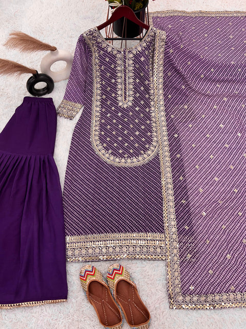 Radiant Purple Sharara  Collection Faux Georgette Top-Bottom And Dupatta Set Fully Stitched Ready To Wear