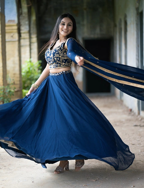 Navy blue lehenga choli for women,Indian Designer partywear Georgette with Sequinsand Thread Embroidery Work Lehenga choli with Dupatta - ReadyToWearshop