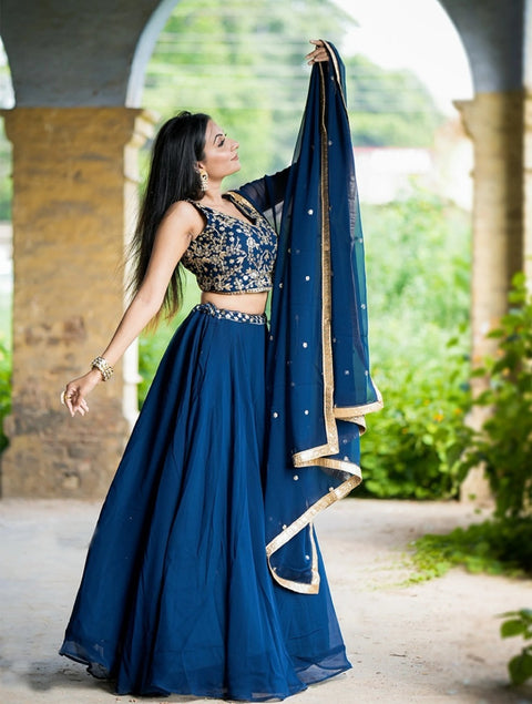 Navy blue lehenga choli for women,Indian Designer partywear Georgette with Sequinsand Thread Embroidery Work Lehenga choli with Dupatta - ReadyToWearshop