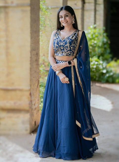 Navy blue lehenga choli for women,Indian Designer partywear Georgette with Sequinsand Thread Embroidery Work Lehenga choli with Dupatta - ReadyToWearshop