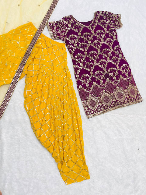 Purple Heavy Embroidery Sequence Work Top-Patiala And Dupatta Set For Women